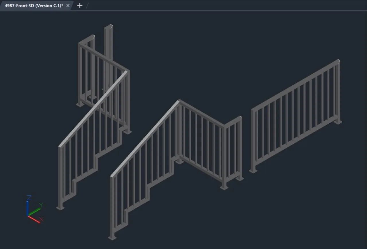AutoCAD 3D design showing handrail sections, posts and mounting plates